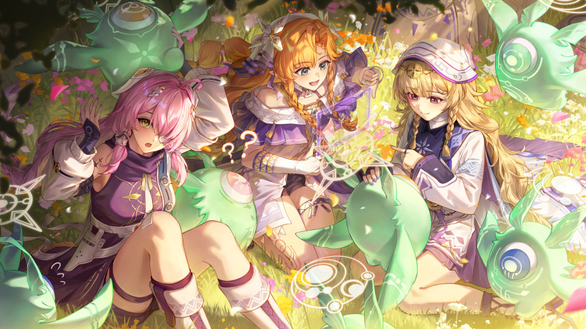 3girls, ?, absurdres, bantish, blonde_hair, breasts, chinese_commentary, closed_mouth