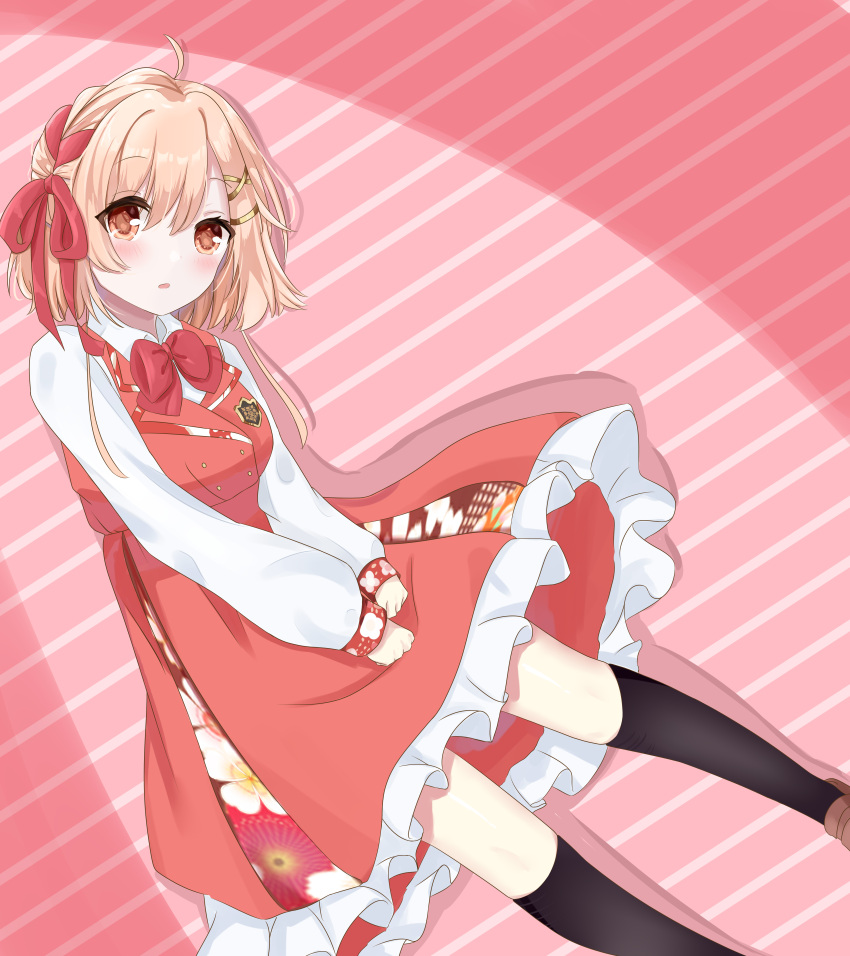 1girl, absurdres, black_thighhighs, bow, bowtie, commentary, dress, floral_print