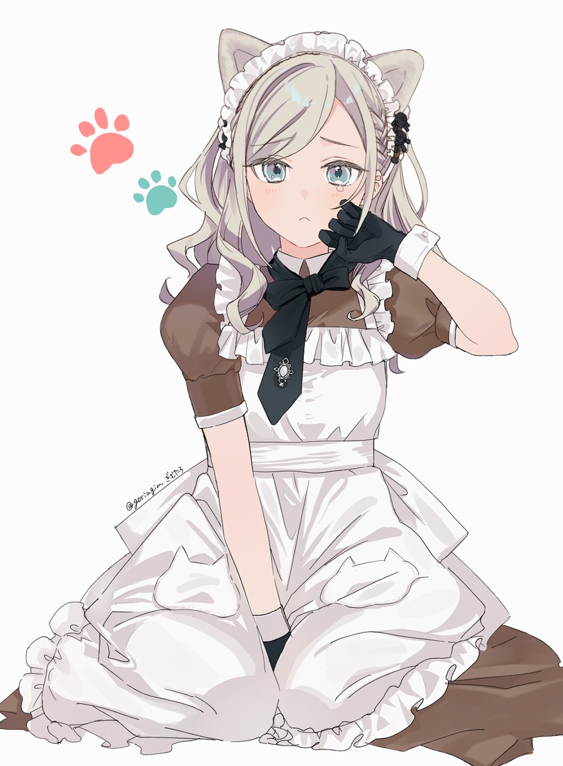 1girl, animal_ears, apron, between_legs, black_gloves, black_necktie, blue_eyes, brown_dress