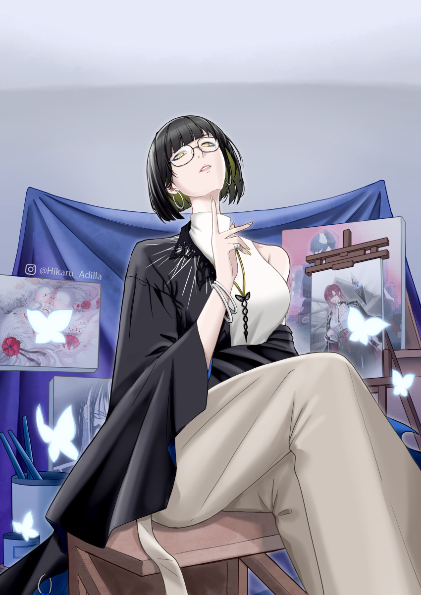 1girl, absurdres, bandaged_fingers, bandages, black_hair, black_jacket, blonde_hair, bracelet, brown_pants, bug, butterfly, colored_inner_hair, commentary, coquelic_(path_to_nowhere), earrings, easel, english_commentary, glasses, glowing_butterfly, head_tilt, highres, hikaru_adilla, hoop_earrings, instagram_logo, jacket, jelena_(path_to_nowhere), jewelry, lisa_(path_to_nowhere), mole, mole_under_eye, multicolored_hair, necklace, pants, parted_lips, path_to_nowhere, portrait_(object), rahu_(path_to_nowhere), schorl_(path_to_nowhere), shalom_(path_to_nowhere), shirt, two-tone_hair, white_shirt, yellow_eyes, yellow_nails