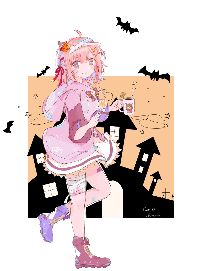 1girl, absurdres, bandaged_leg, bandages, bat_background, blush, cup, cute_expression