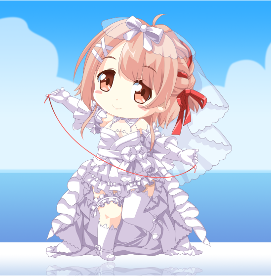 1girl, blue_sky, blush, bow, brown_eyes, chibi, clouds, commentary_request