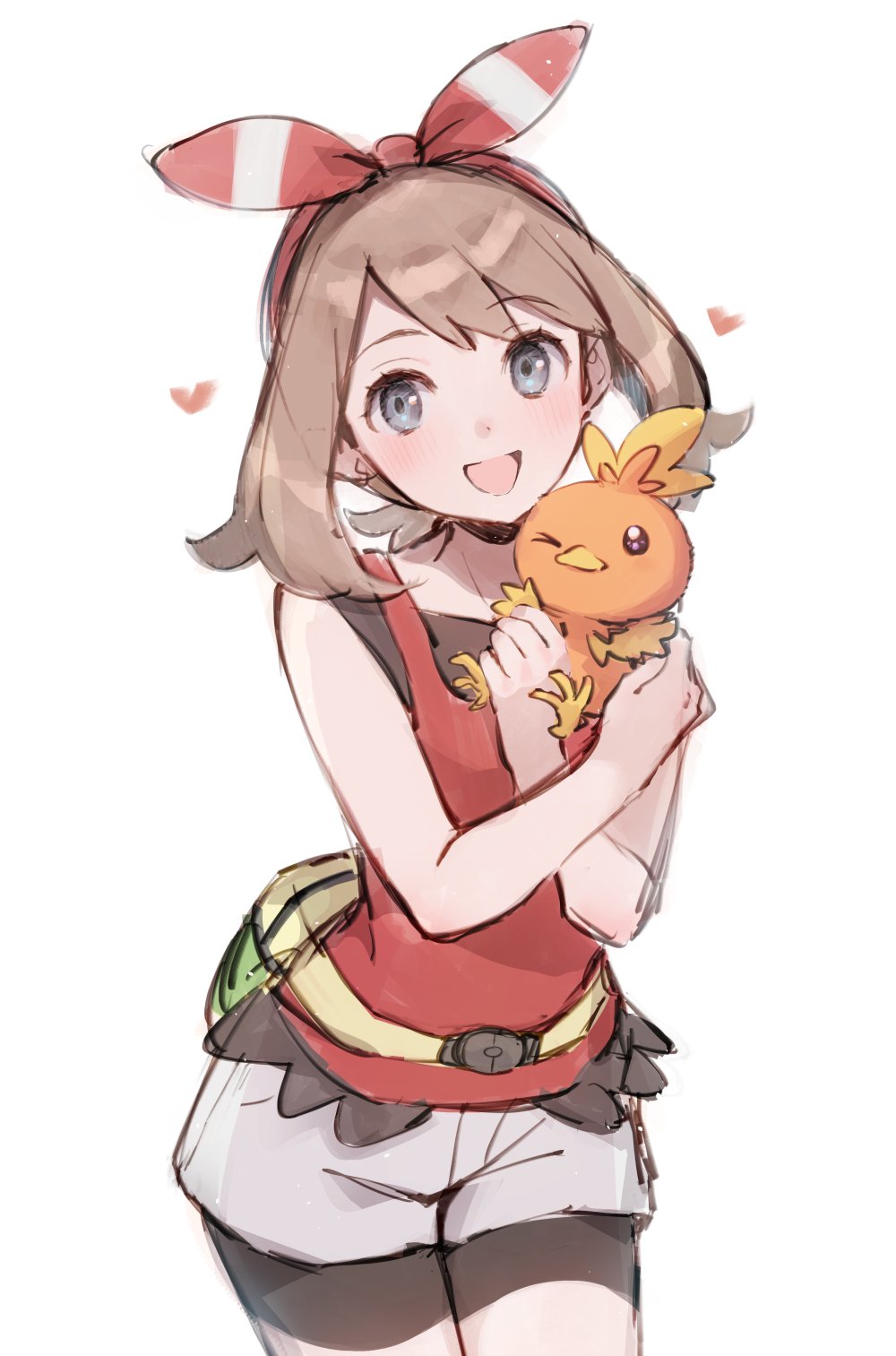 1girl, bare_shoulders, bike_shorts, bike_shorts_under_shorts, black_shorts, blue_eyes, blush, bow_hairband, breasts, brown_hair, commentary_request, fanny_pack, hairband, heart, highres, holding, holding_pokemon, looking_at_viewer, may_(pokemon), one_eye_closed, open_mouth, pokemon, pokemon_(creature), pokemon_omega_ruby_and_alpha_sapphire, red_shirt, shirt, shorts, shorts_under_shorts, simple_background, sleeveless, smile, torchic, weee_(raemz), white_shorts