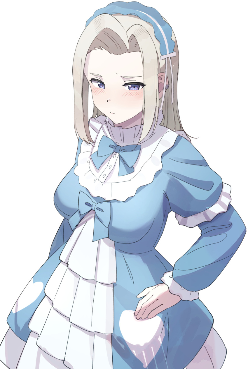1girl, absurdres, blonde_hair, blue_bow, blue_bowtie, blue_dress, blue_eyes, blush