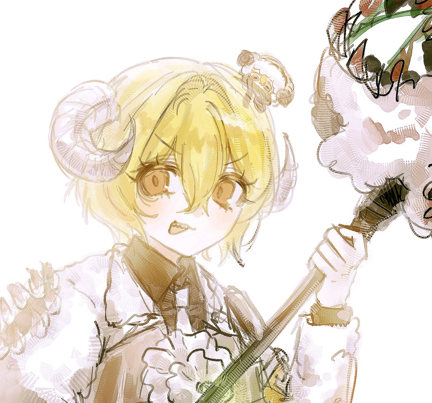 1girl, black_shirt, blonde_hair, collared_shirt, commentary, don_quixote_(project_moon), e.g.o_(project_moon), eyelashes