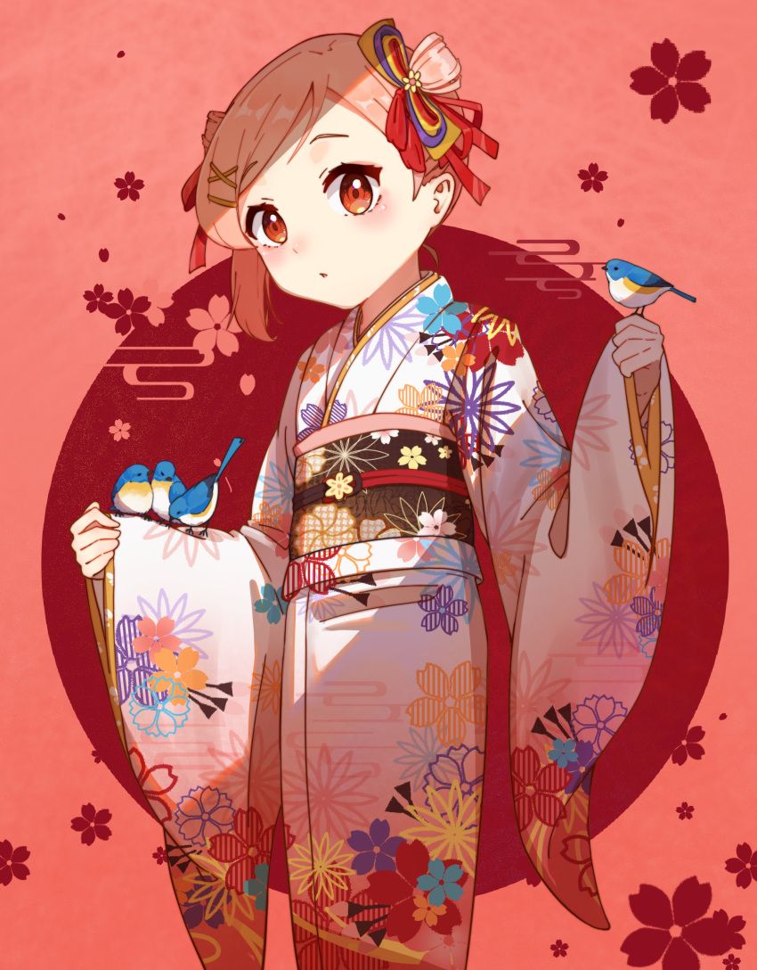 1girl, absurdres, bird, blush, cherry_blossom_pattern, cherry_blossom_print, commentary_request, floral_print