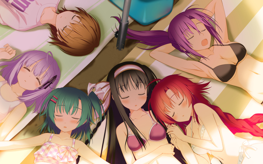 5girls, beach, bikini, black_hair, blush, bow, braid, closed_eyes