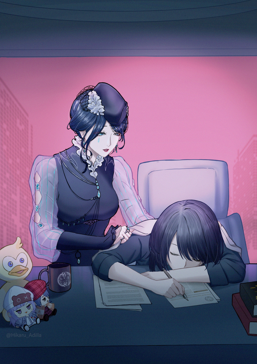 2girls, absurdres, aqua_eyes, artist_name, beanie, beret, black_dress, black_hair, black_hat, blue_eyes, blue_hair, character_doll, chief_(path_to_nowhere), coffee_mug, commentary, covering_with_blanket, cup, doll, dress, ducky_(path_to_nowhere), earrings, english_commentary, eyepatch, facial_mark, female_chief_(path_to_nowhere), grey_eyes, hair_net, hat, hecate_(path_to_nowhere), hella_(path_to_nowhere), highres, hikaru_adilla, holding, holding_pen, jelena_(path_to_nowhere), jewelry, mbcc_insignia_(path_to_nowhere), mug, multiple_girls, nib_pen_(object), path_to_nowhere, pen, plaid_hat, red_hat, see-through_clothes, see-through_sleeves, sleeping, sleeping_on_desk, teardrop_facial_mark