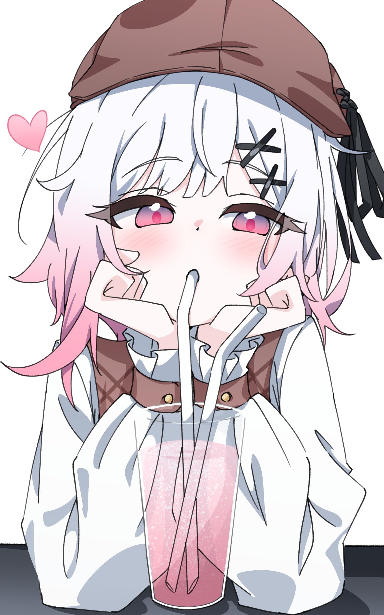 1girl, commentary_request, drinking_straw, fugu43, gradient_hair, grey_hair, hands_on_own_cheeks, hands_on_own_face