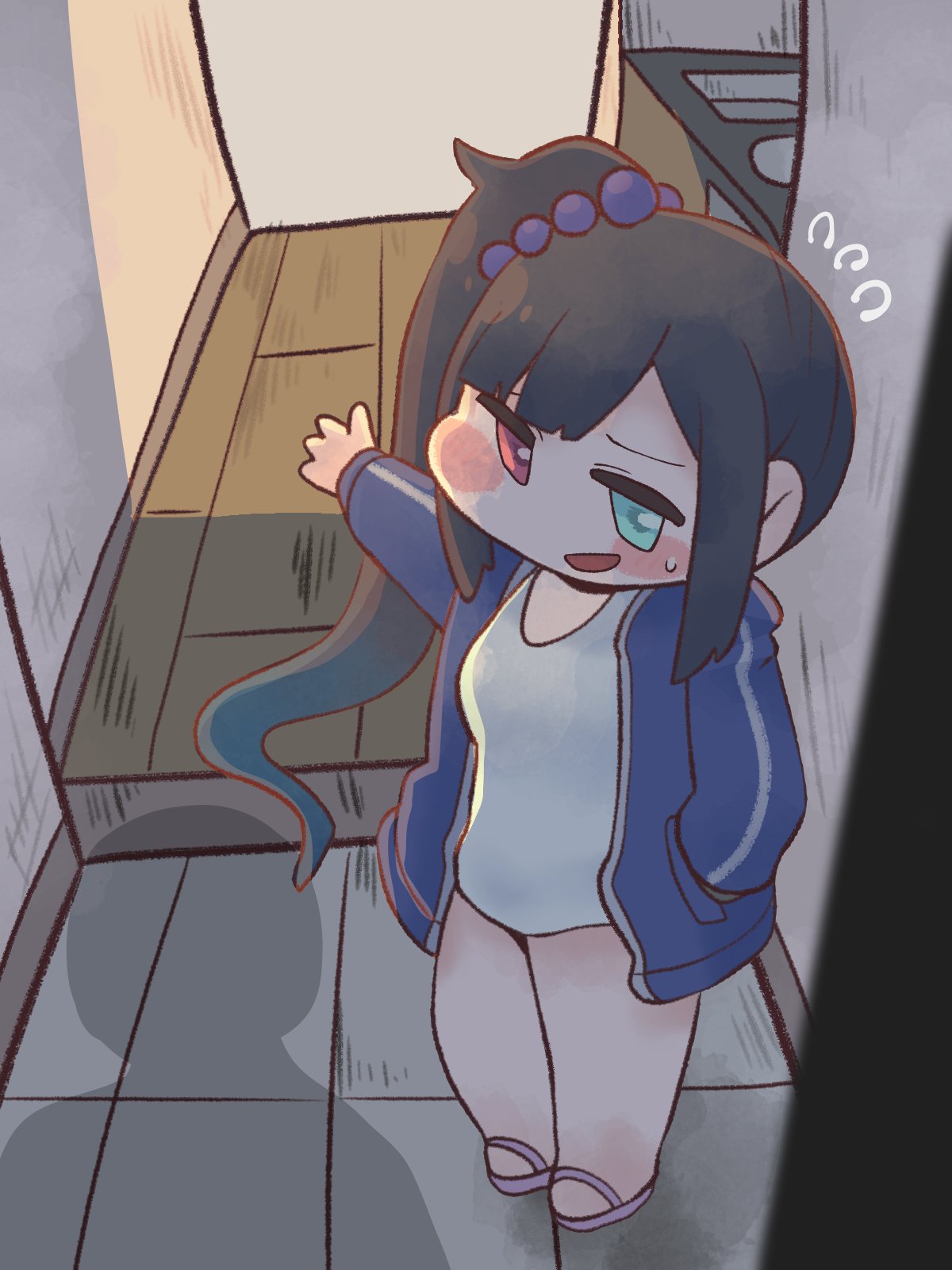 1girl, alternate_costume, black_hair, blue_eyes, blue_hair, blue_jacket, blush_stickers, chibi