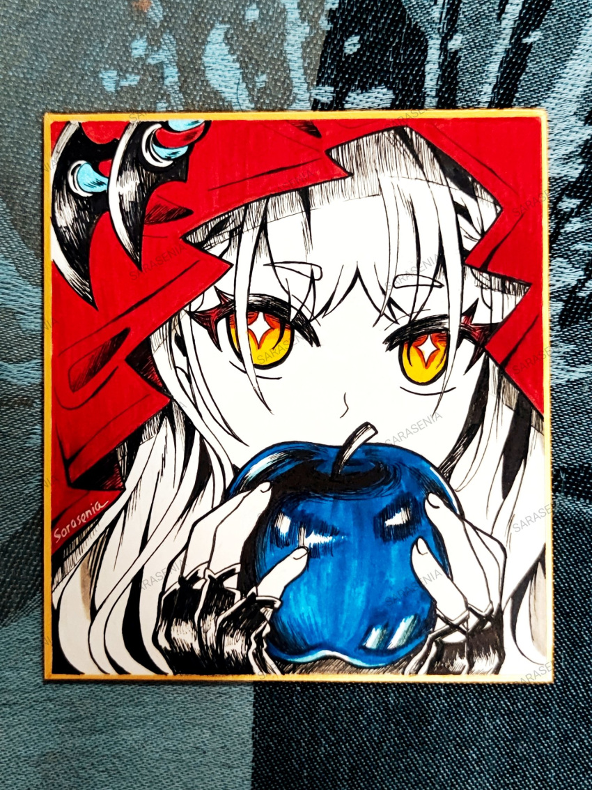 +_+, 1girl, apple, arknights, arknights:_endfield, artist_name, black_gloves, blue_apple