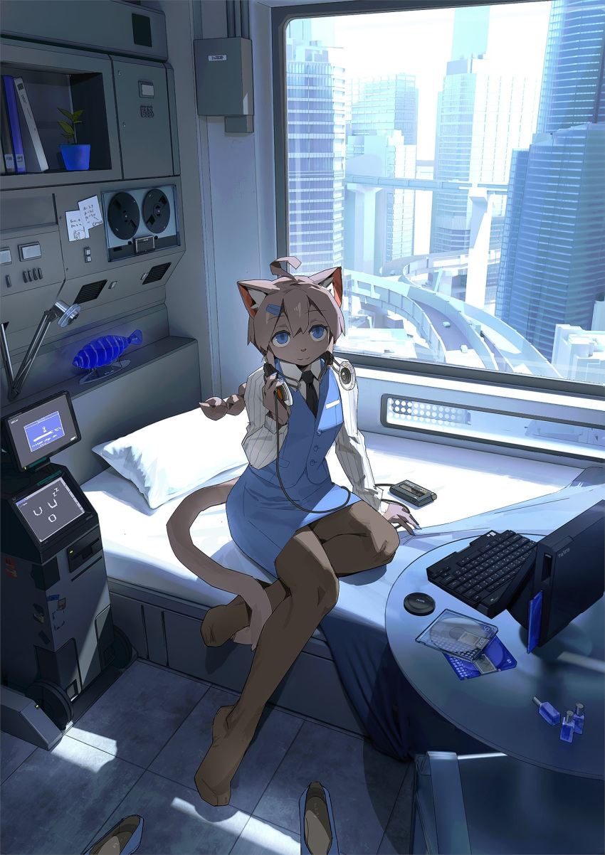 1girl, ahoge, animal_ears, animal_nose, backlighting, black_necktie, blue_dress, blue_eyes