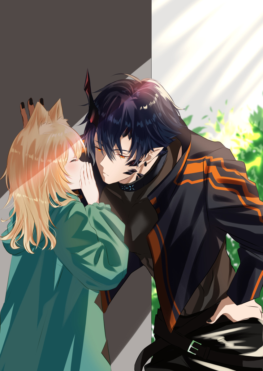 1boy, 1girl, absurdres, animal_ear_fluff, animal_ears, arknights, asymmetrical_horns, black_hair