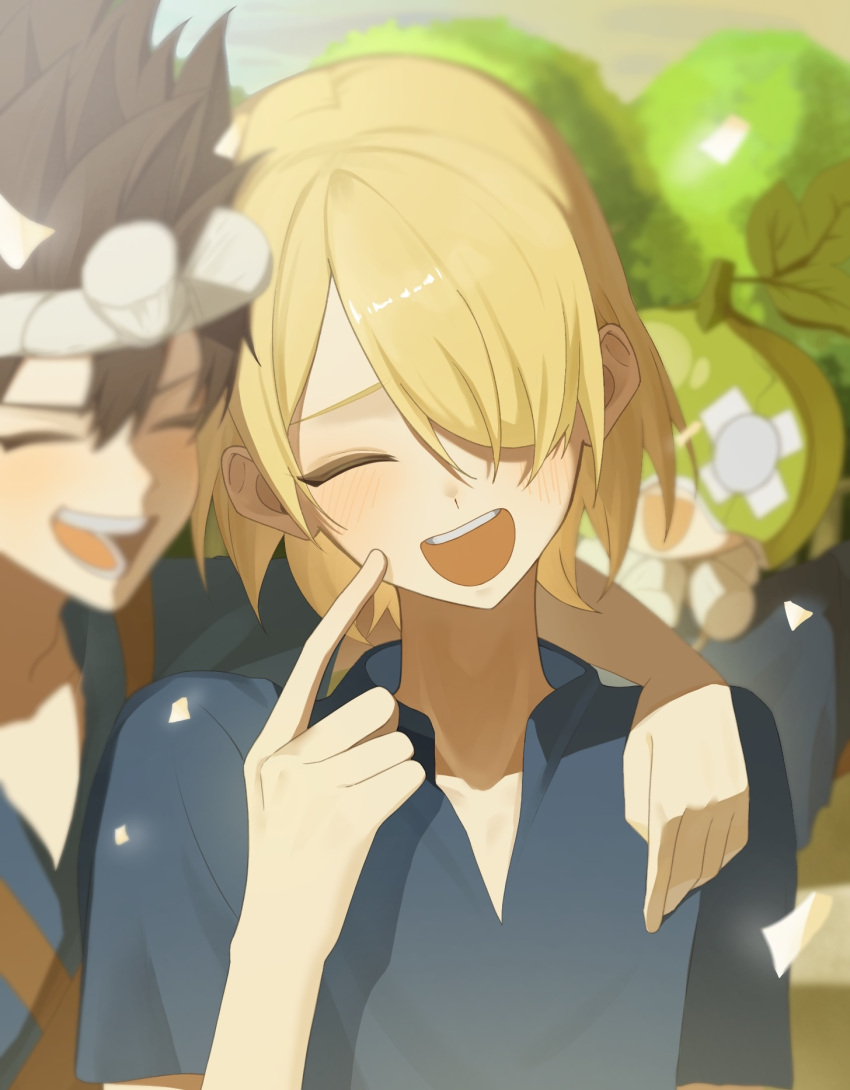1girl, 2boys, arm_around_shoulder, birthday, blonde_hair, blue_shirt, blush, brown_hair