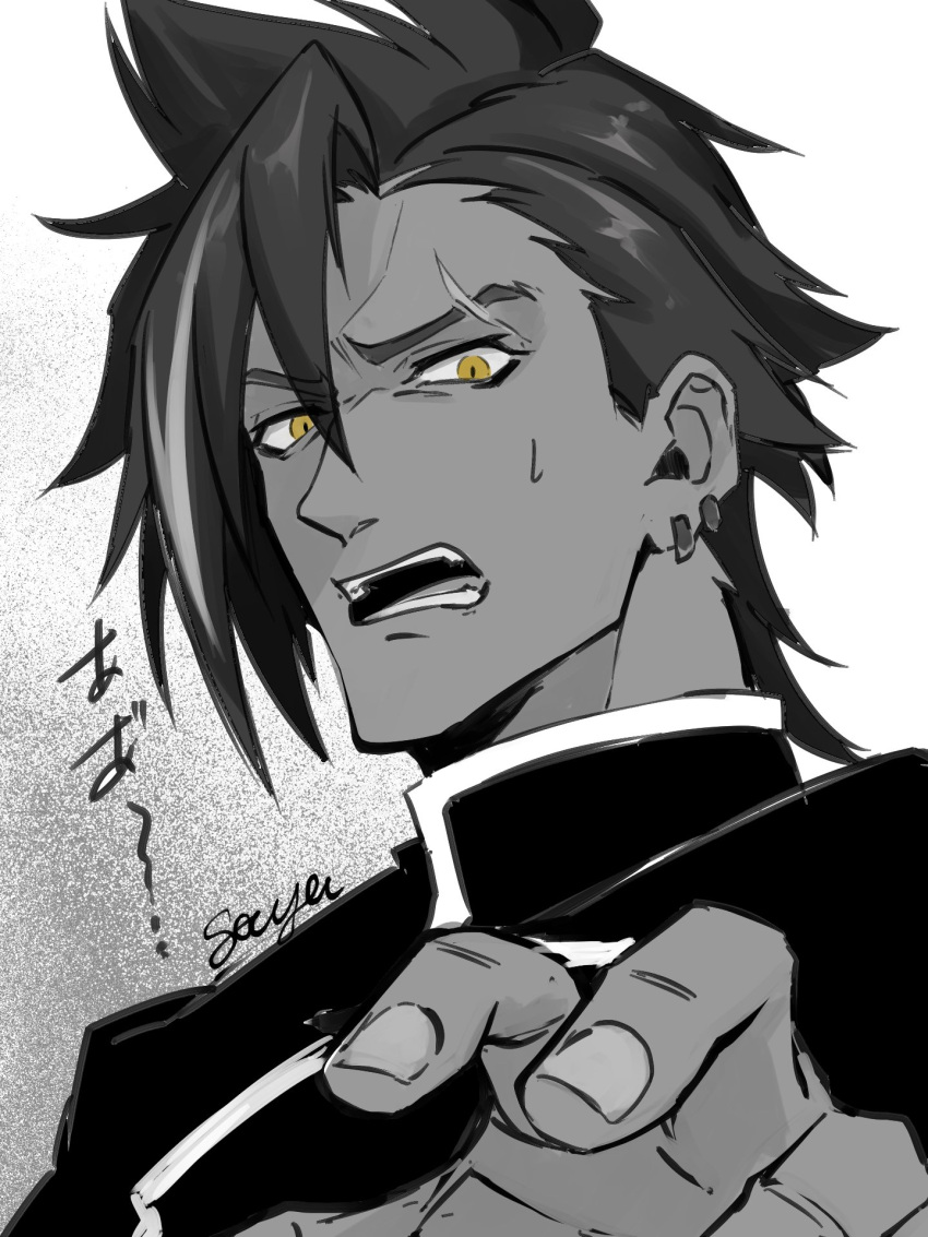 1boy, arm_up, azumasouya, collared_jacket, commentary_request, dark-skinned_male, dark_skin, earrings