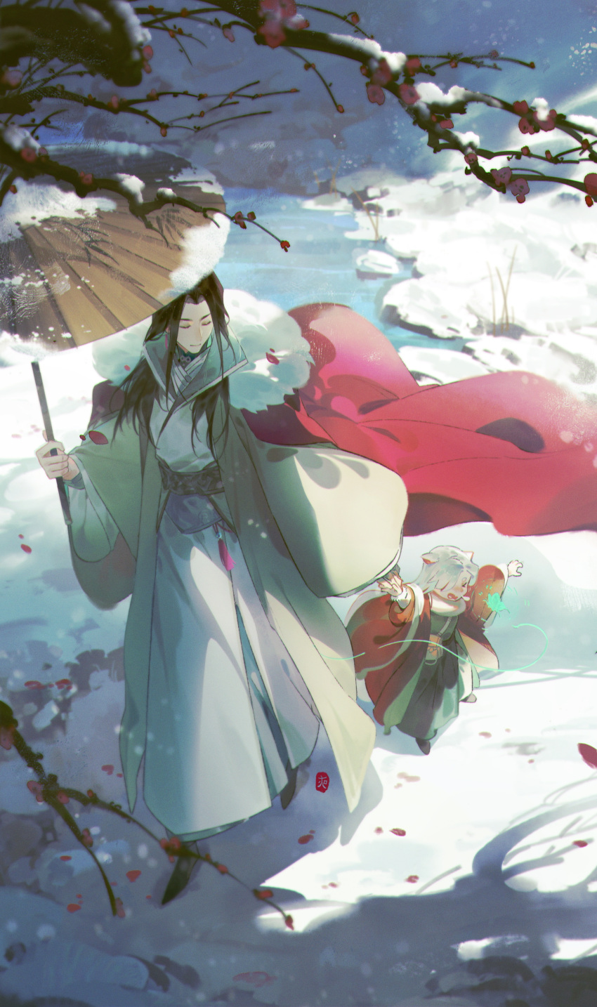 1boy, absurdres, animal_ears, bag, branch, bug, butterfly, cape