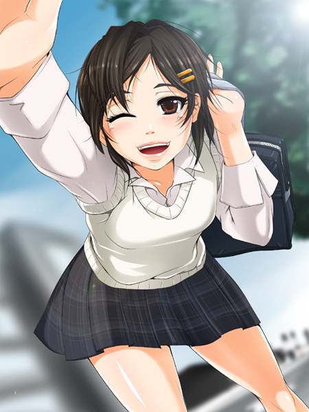 bookbag, brown_eyes, brown_hair, hair_ornament, hairclip, inoue_makito, open_mouth, original, plaid, plaid_skirt, school_uniform, short_hair, skirt, smile, solo, sweater_vest, wink