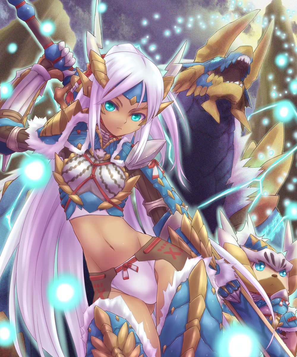 bikini_armor, capcom, dark_skin, felyne, gauntlets, gloves, glowing, green_eyes