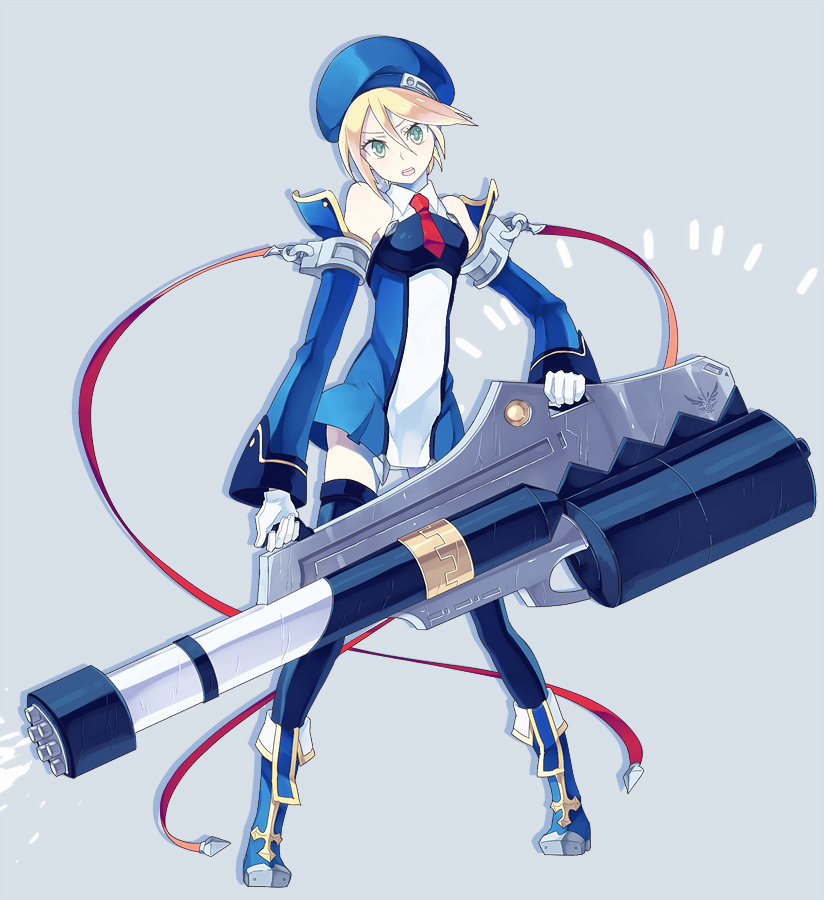 bare_shoulders, beret, blazblue, blonde_hair, boots, detached_sleeves, gatling_gun, green_eyes
