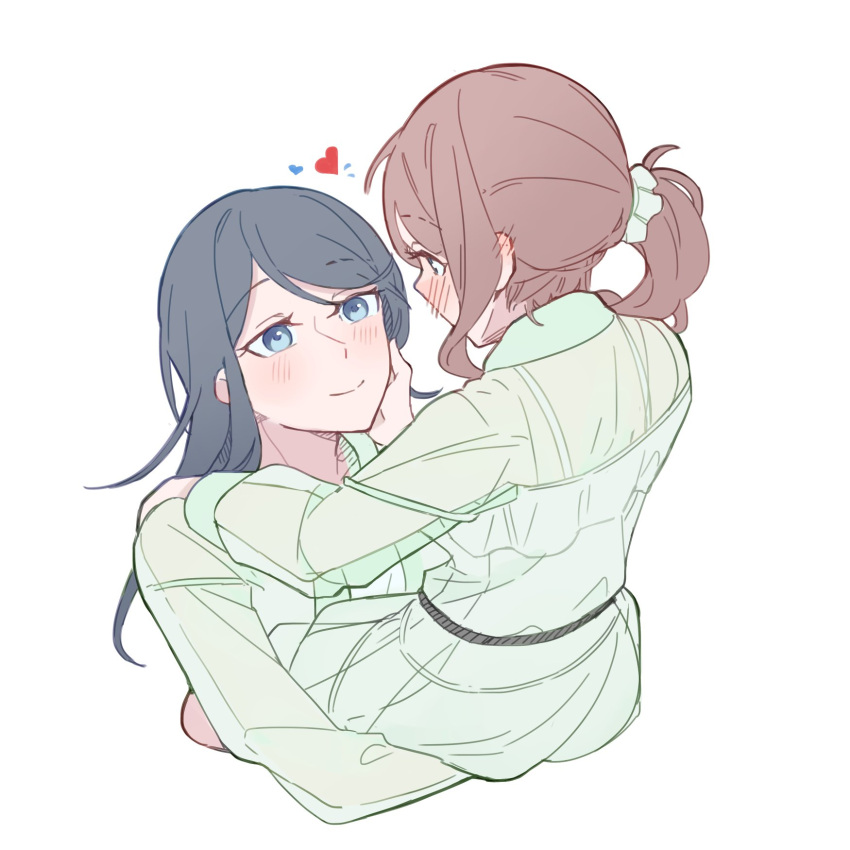 2girls, black_hair, blue_eyes, blush, brown_hair, catricius, closed_mouth, commentary