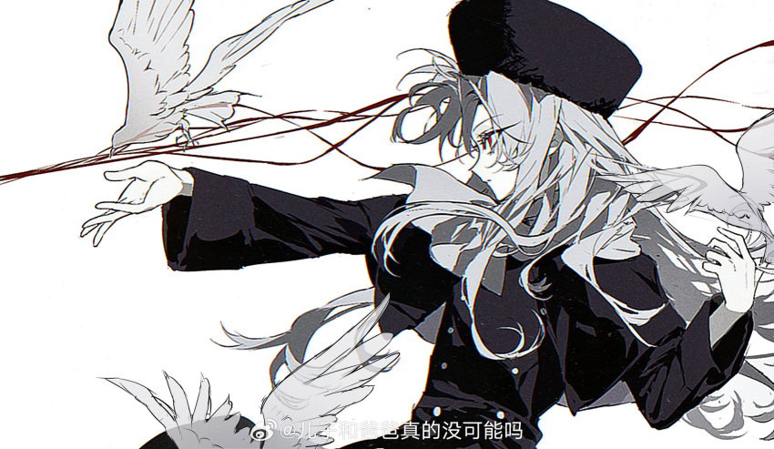 1girl, artist_name, bird, black_dress, dress, eagle, floating_hair, from_side