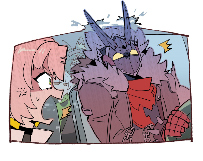 1boy, 3girls, ^^^, anby_demara, anger_vein, animal_ear_fluff, animal_ears, billy_kid, billy_kid_(starlight), black_hair, black_jacket, bracelet, car_interior, cat_ears, cat_girl, chain, chain_around_arm, clothed_robot, commentary_request, fur-trimmed_jacket, fur_trim, green_eyes, grey_hair, guidepost_lubia, highres, horns, humanoid_robot, jacket, jewelry, looking_at_another, multiple_girls, nekomiya_mana, nicole_demara, pink_hair, red_scarf, robot, robot_boy, scarf, spiked_bracelet, spikes, spiky_hair, sweat, sweatdrop, torn_clothes, torn_scarf, white_hair, yellow_eyes, zenless_zone_zero