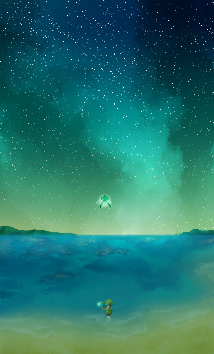 bag, bandana, bandanna, brown_hair, chinchou, cloud, glowing, haruka_(pokemon), highres, horizon, jirachi, jiraichi, kutta, night, night_sky, ocean, pokemon, pokemon_(game), pokemon_emerald, pokemon_gsc, pokemon_rse, scenery, sky, star_(sky), water