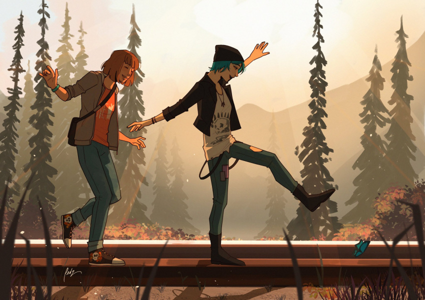 2girls, beanie, black_hat, black_jacket, black_pants, blue_hair, blue_pants, brown_hair