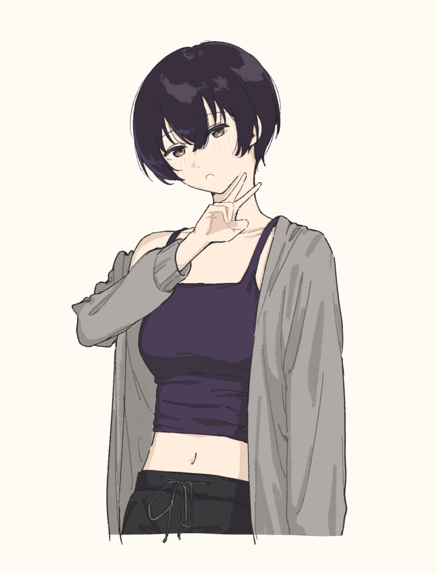 1girl, black_hair, blush, brown_eyes, camisole, cardigan, commentary_request, grey_background