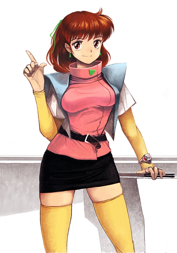 1girl, 80s, anice_farm, belt, brown_eyes, brown_hair, chouon_senshi_borgman, earrings