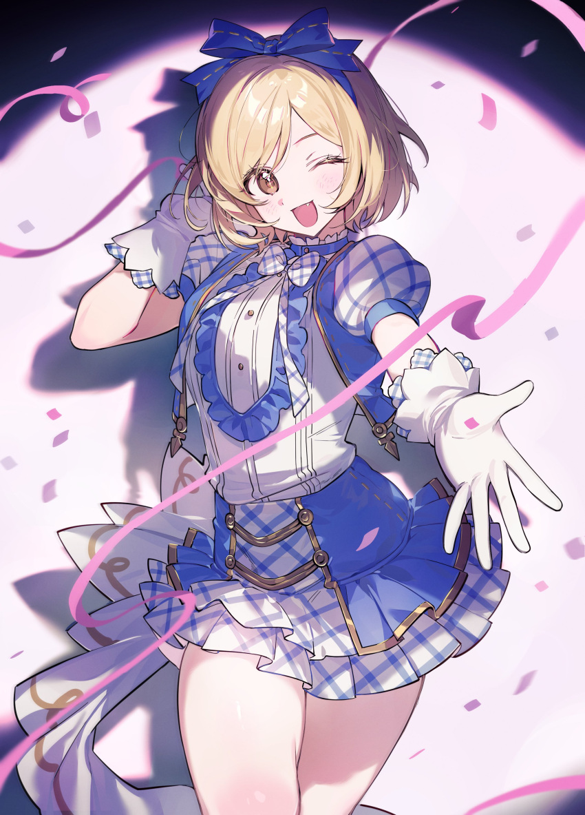 1girl, absurdres, blonde_hair, blue_bow, blue_skirt, bow, brown_eyes, commentary