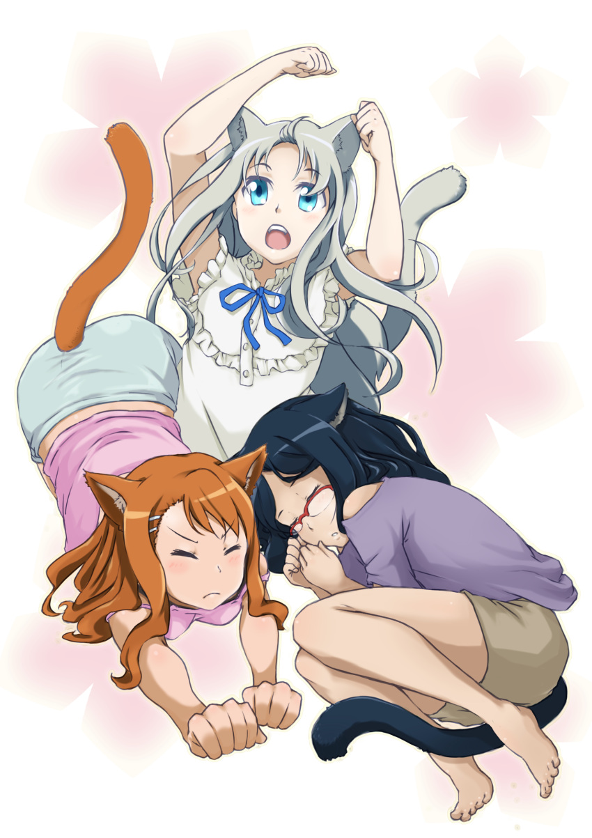 3girls, animal_ears, anjou_naruko, ano_hi_mita_hana_no_namae_wo_bokutachi_wa_mada_shiranai, barefoot, black_hair, blue_eyes, blush, brown_hair, casual, cat_ears, cat_tail, closed_eyes, dress, eyes_closed, glasses, highres, honma_meiko, kemonomimi_mode, long_hair, lying, glasses, nekomimi, open_mouth, red-framed_glasses, silver_hair, sleep, sleeping, stretch, tail, tomonori1201, tsurumi_chiriko, twintails
