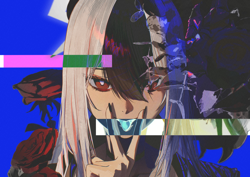 1girl, absurdres, art_study, black_choker, black_hair, black_nails, blue_archive, blue_background, bright_pupils, choker, commentary, english_commentary, flower, grey_halo, hair_between_eyes, halo, highres, inverted_colors, kayoko_(blue_archive), long_hair, looking_at_viewer, multicolored_hair, open_mouth, portrait, red_eyes, red_flower, red_rose, rifu002, rose, solo, straight-on, style_study, two-tone_hair, v, v_over_mouth, white_hair, white_pupils