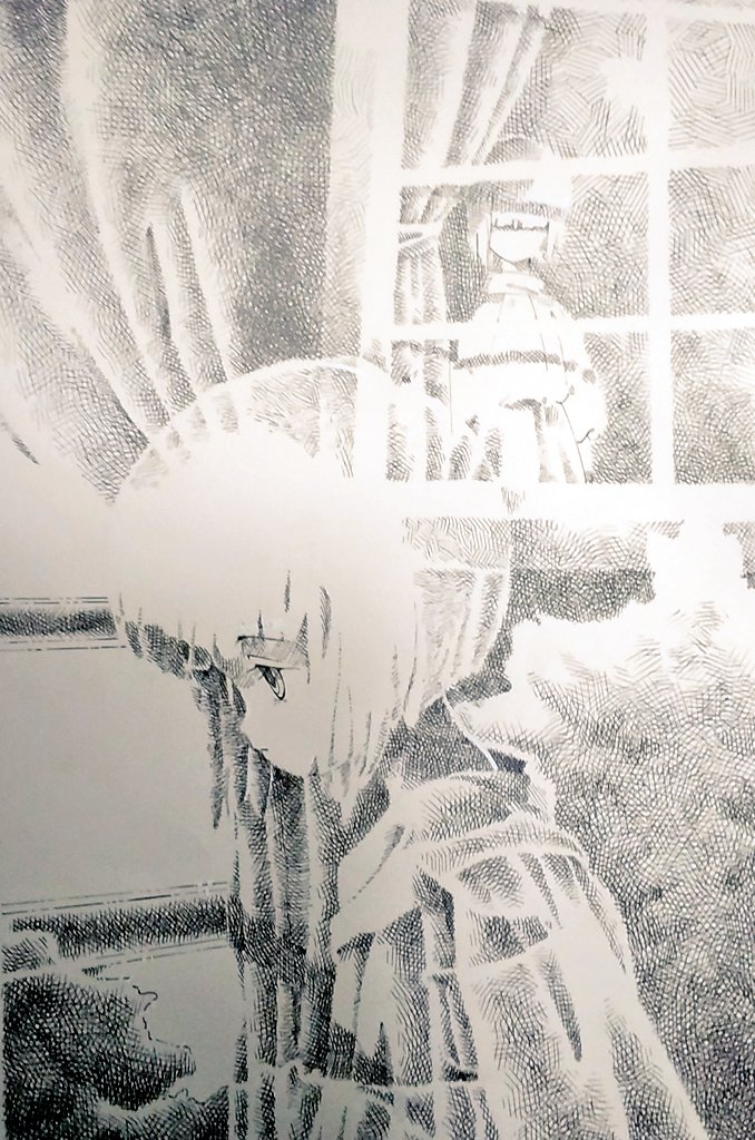 1girl, blunt_bangs, bob_cut, closed_mouth, commentary_request, crosshatching, curtains, dress