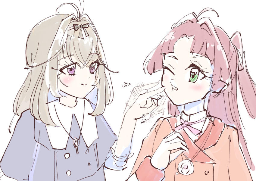 2girls, ahoge, antenna_hair, black_ribbon, blonde_hair, cheek_poking, commentary_request, green_eyes