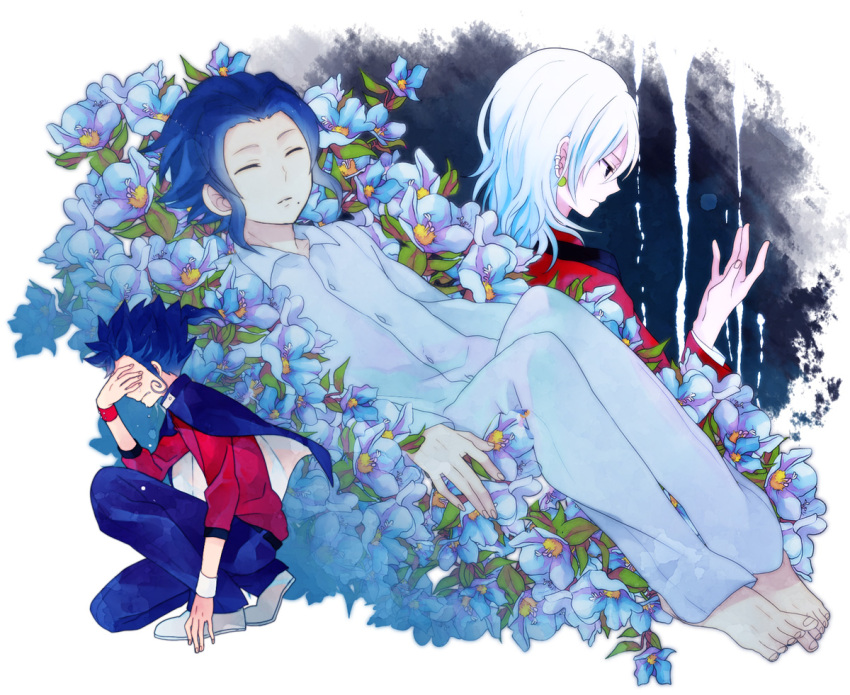 blue_hair, bracelet, cloak, earrings, flower, gouenji_shuuya, inazuma_eleven, inazuma_eleven_(series)