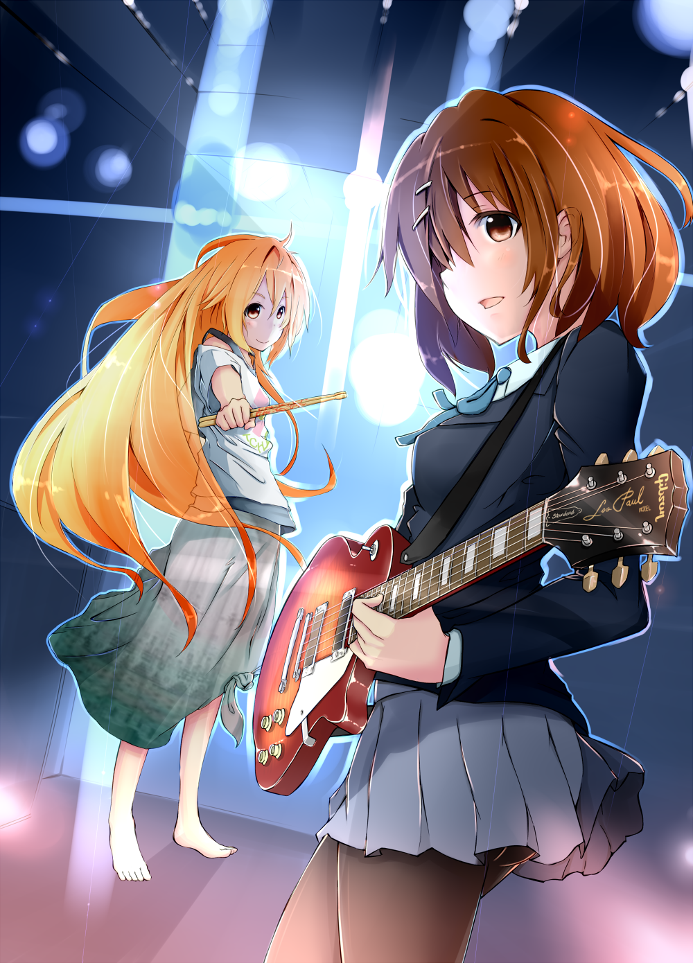 2girls, blonde_hair, blush, brown_eyes, brown_hair, crossover, drumsticks, guitar