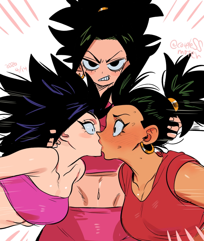 3girls, black_hair, blush, caulifla, commentary, crop_top, dark-skinned_female, dark_skin