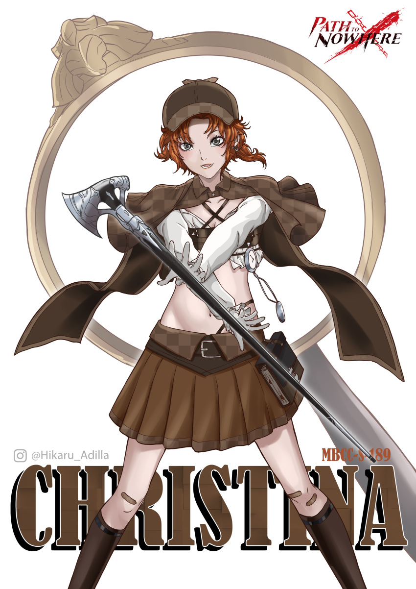 1girl, absurdres, axe, bandaid, bandaid_on_knee, bandaid_on_leg, book, brown_capelet