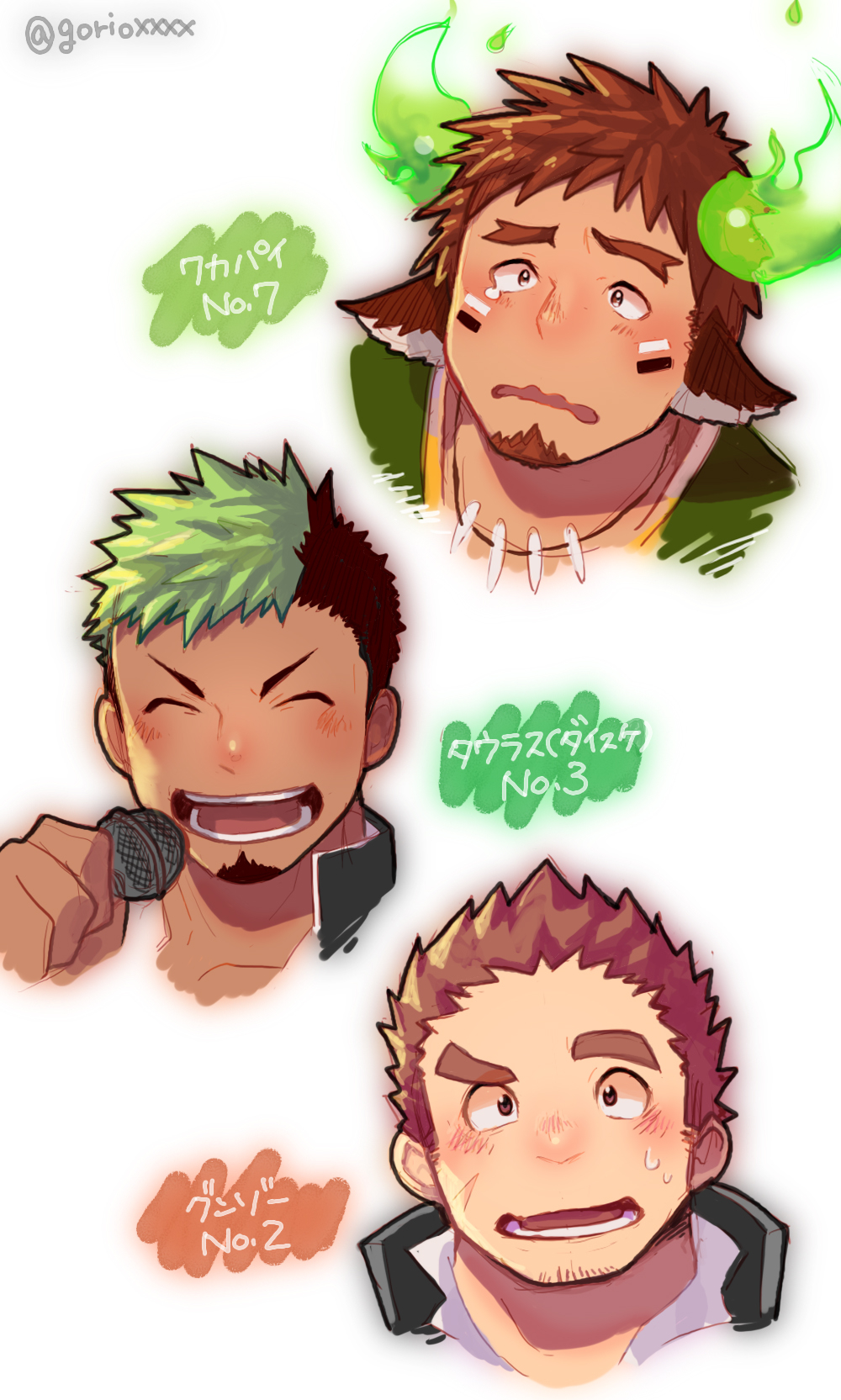 3boys, animal_ears, artist_name, beard, black_hair, blush, brown_hair, character_name