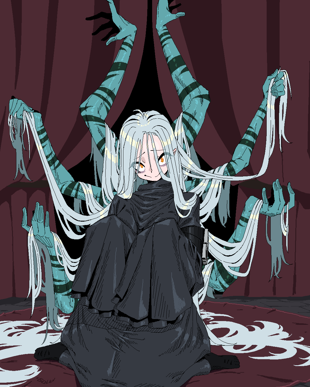 1girl, adventurequest, adventurequest_worlds, artix_entertainment, bags_under_eyes, black_robe, extra_arms, extra_hands