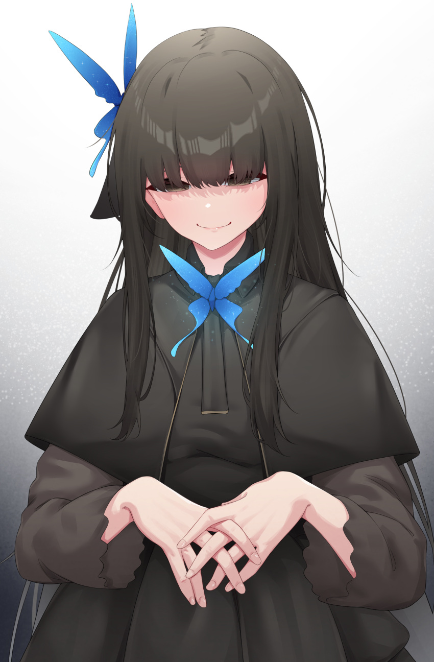 1girl, absurdres, adachi_t_(xadachit), black_background, black_dress, black_hair, blue_butterfly, brown_eyes