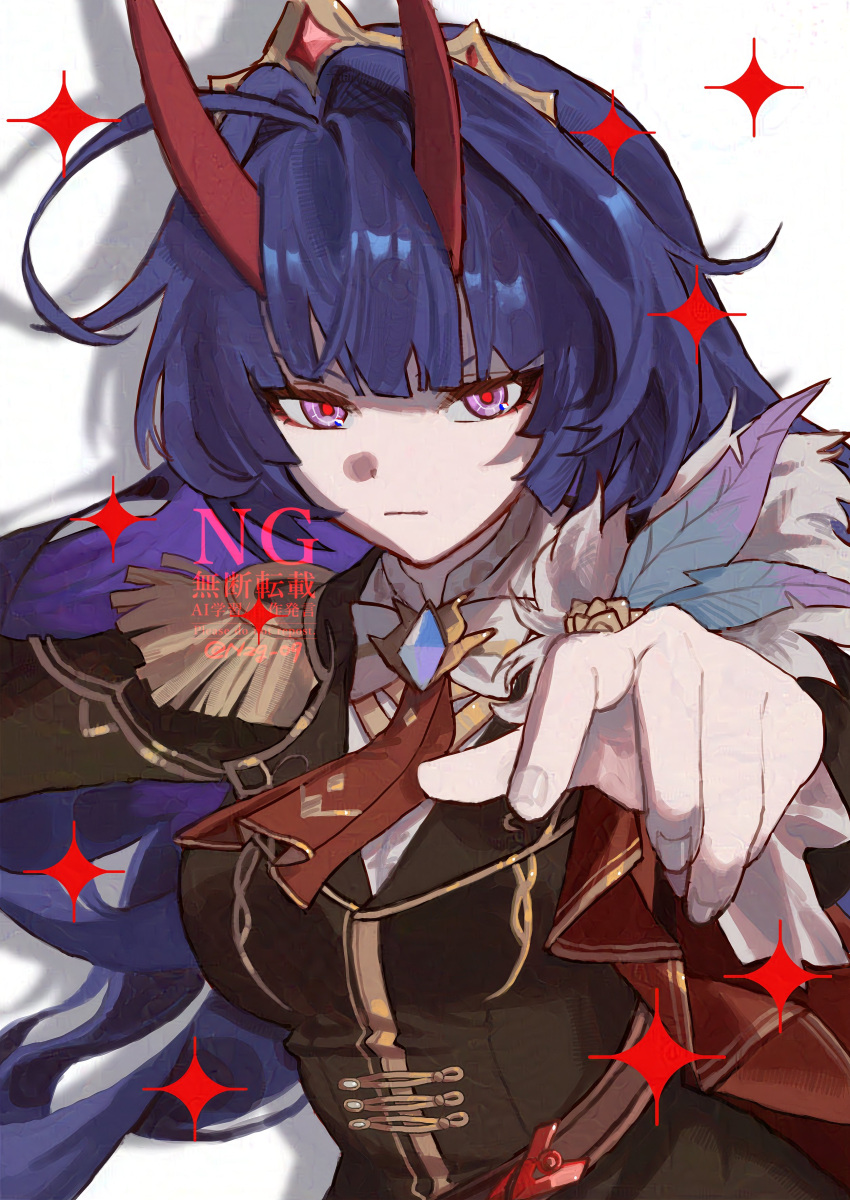 1girl, absurdres, black_jacket, closed_mouth, commentary, highres, honkai_(series), honkai_impact_3rd, horns, jacket, nzg_09, purple_hair, raiden_mei, raiden_mei_(herrscher_of_thunder), raiden_mei_(nocturne_ablaze), red_horns, red_pupils, solo, violet_eyes, watermark, white_background