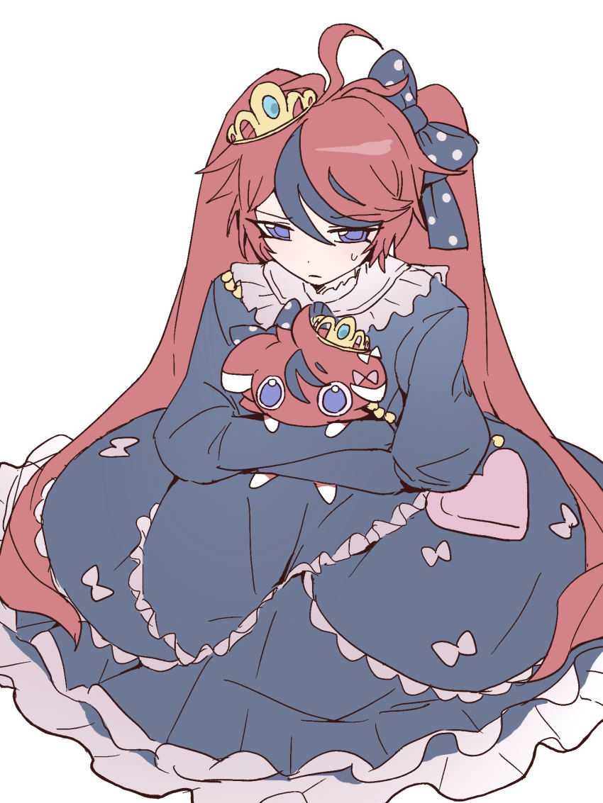 1boy, ahoge, animal_hug, blue_dress, blue_eyes, blue_hair, bow, crossdressing