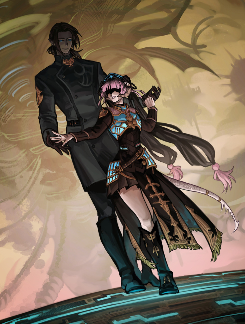 1boy, 1other, achia, au_ra, blunt_bangs, double_bun, dragon_tail, elezen, elf, final_fantasy, final_fantasy_xiv, fingernails, forgo11en, hair_bun, hair_ornament, highres, long_hair, mask, multicolored_hair, original, pointy_ears, scales, sharp_fingernails, tail, twintails, two-tone_hair
