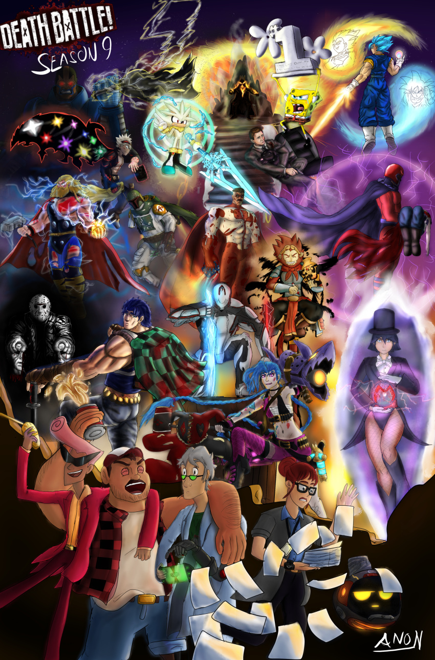 3girls, 6+boys, absurdres, anonthemarten, apocalypse_(marvel), black_clover, bo_staff, boomstick_(death_battle)
