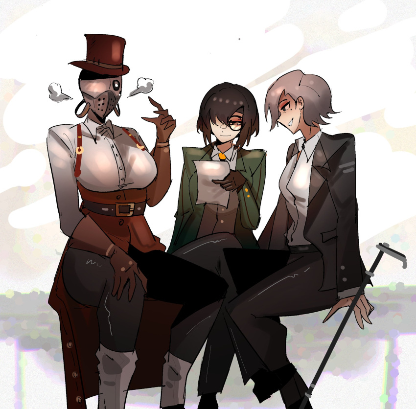 3girls, arczaeon, black_suit, breasts, cane, commentary, dante_(library_of_ruina), english_commentary