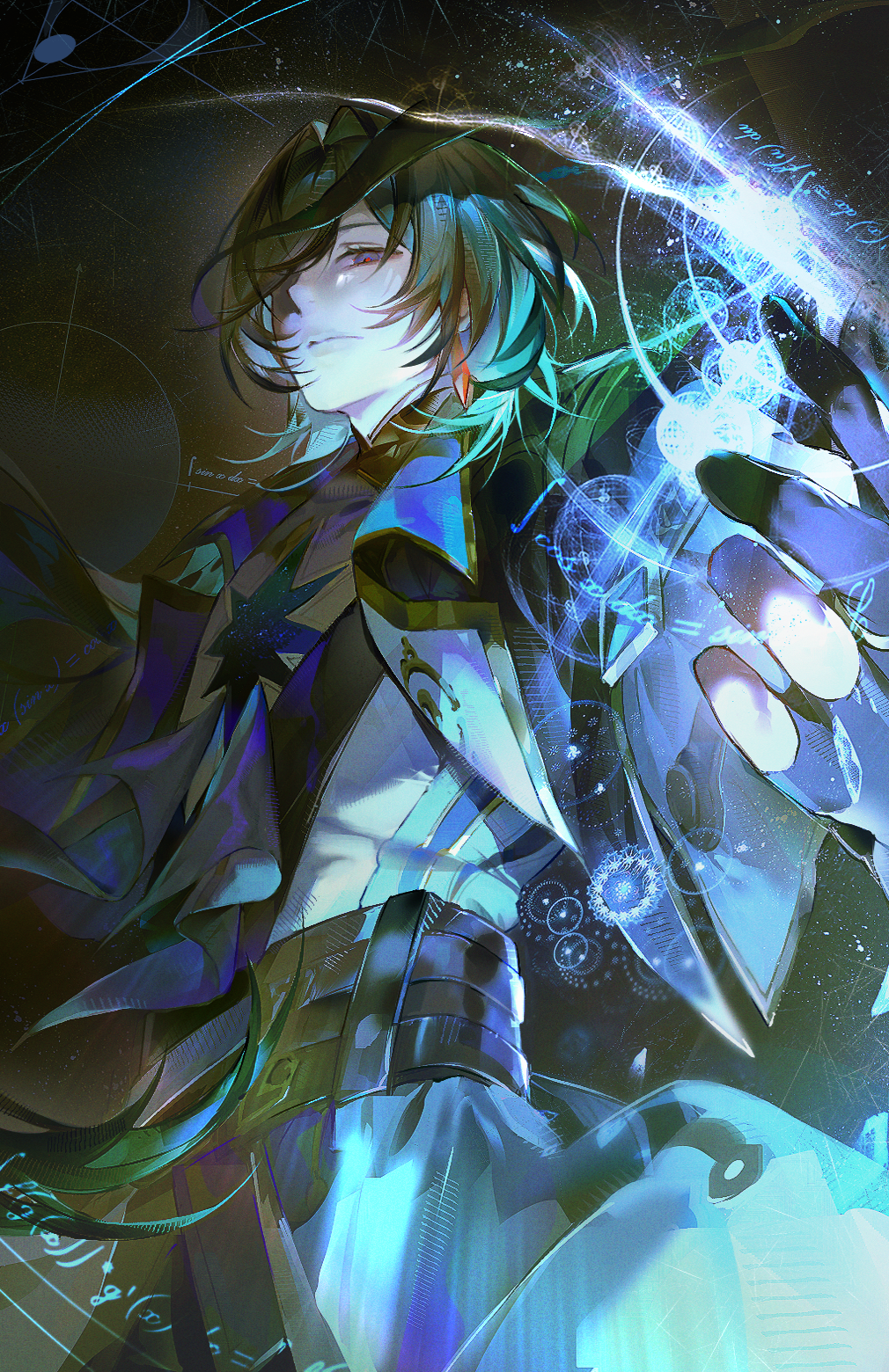 1boy, anaxa_(honkai:_star_rail), aqua_hair, ascot, black_jacket, blue_eyes, chain, closed_mouth