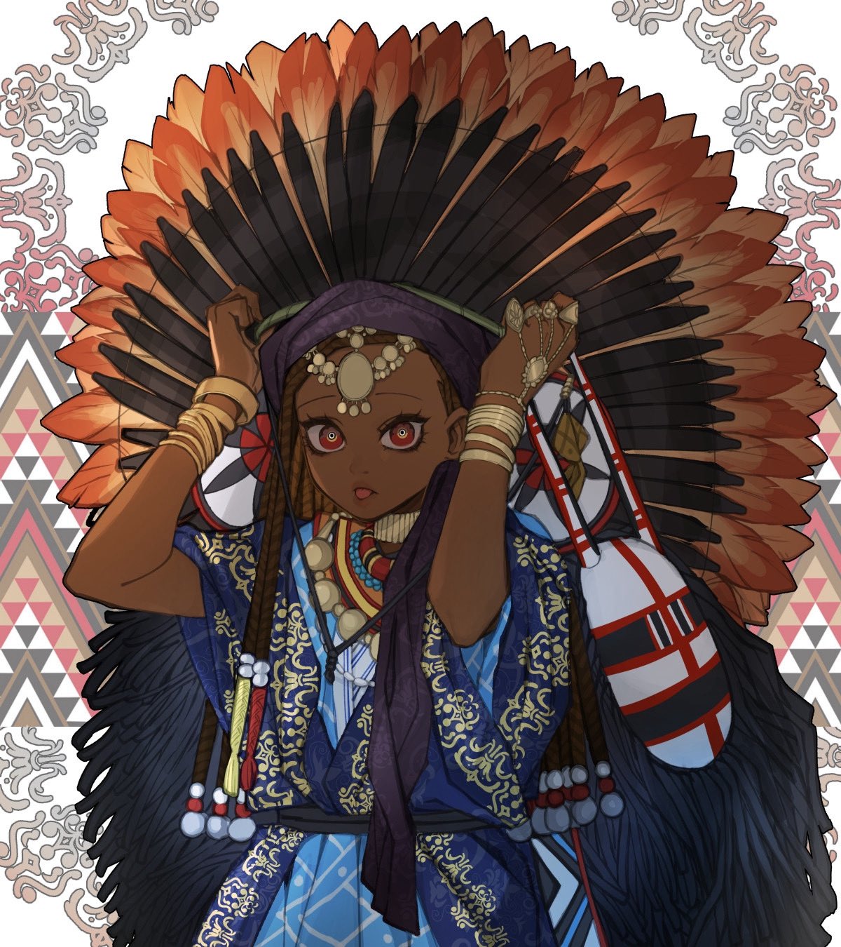 1girl, african_clothes, bangle, beads, blue_dress, box_braids, bracelet, brown_hair