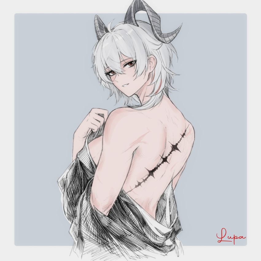 1girl, artist_name, back, black_dress, black_horns, blue_background, breasts, clenched_teeth